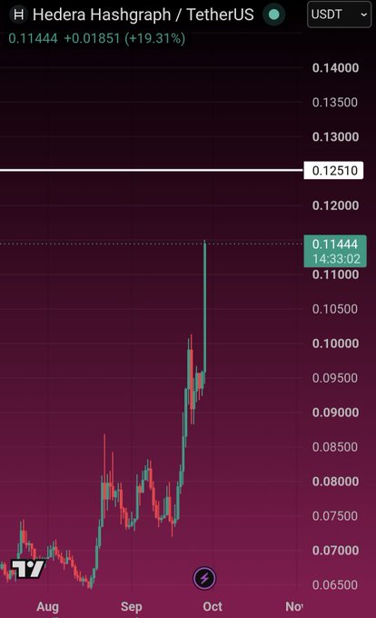 A candlestick price chart on TradingView showing 'Hedera Hashgraph / TetherUS' (HBAR/USDT) at '0.11444', up '+19.31%', with a vertical timeline ranging from August to November.