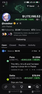 A mobile screenshot of a crypto profile '@cooker' with a portfolio value of '$1,172,198.53', showing a PnL of '+1.05M' including a $393,526 gain on '+16M $PONS'.