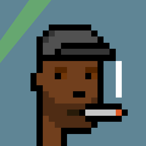 A pixel art illustration shows a brown-skinned person wearing headphones and a cap, smoking a cigarette against a blue background.