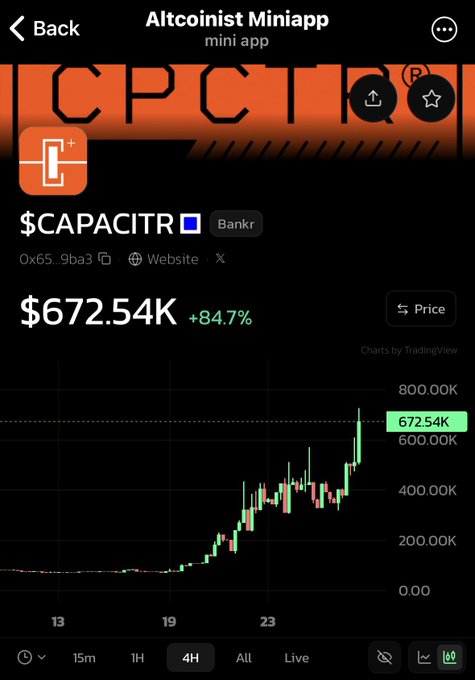 A cryptocurrency trading app showing the $CAPACITR token (Bankr) with a current price of $672.54K, up 84.7%, displayed on a TradingView candlestick chart.
