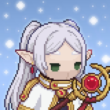 A pixel art illustration shows an elf-like anime character with long silver hair, pointed ears, and a white and gold outfit, holding a staff topped with a red gem against a sparkly blue background.
