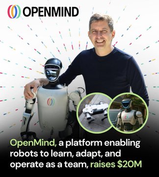 A man in a dark sweater stands with his arm around a humanoid robot, with the OpenMind logo displayed in the top-left corner and text at the bottom reading "OpenMind, a platform enabling robots to learn, adapt, and operate as a team, raises $20M," alongside two smaller inset images showing additional robots. The image visually introduces OpenMind's $20M funding milestone referenced in the post, which discusses alleged investment ties between OpenMind and Pi Network.