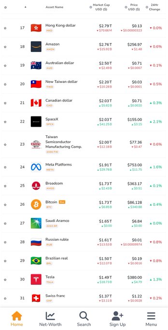 A screenshot from a finance app listing assets including Hong Kong dollar (HKD), Amazon (AMZN), Australian dollar (AUD), New Taiwan dollar (TWD), Canadian dollar (CAD), SpaceX, Taiwan Semiconductor (TSM), Meta Platforms (META), Broadcom (AVGO), Bitcoin (BTC), Saudi Aramco, Russian ruble (RUB), Brazilian real (BRL), Tesla (TSLA), and Swiss franc (CHF) with their market caps and prices.
