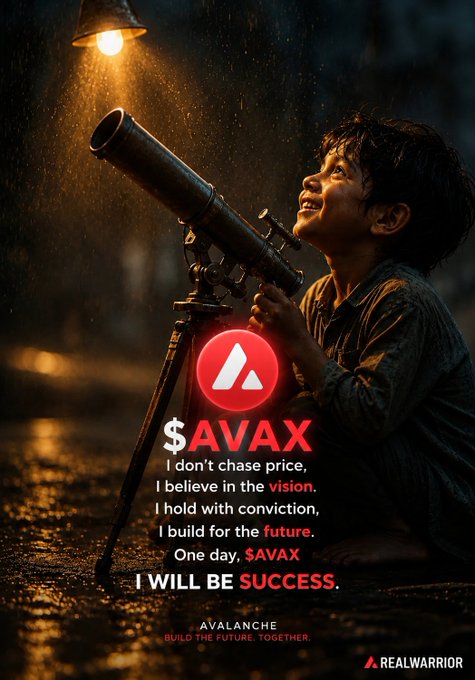 A promotional poster for Avalanche ($AVAX) cryptocurrency showing a child looking through a telescope, with text: 'I don't chase price, I believe in the vision... One day, $AVAX I WILL BE SUCCESS.' branded 'REALWARRIOR'.