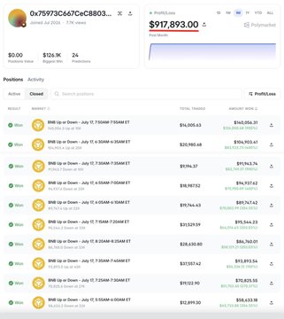 The image shows a Polymarket profile for wallet 0x75973c667ccB83... with a total P&L of $917,893.00 across 24 BNB-related positions, displaying recent wins of $216,539.27, $174,741.72, and $147,834.23, among others. This visualizes the extraordinary trading success referenced in the post, where a user exploited a market inefficiency to amass nearly $1 million in profits with an almost perfect win rate.