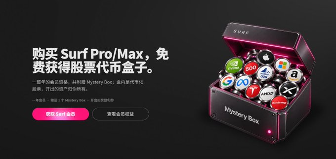 A promotional banner advertises a free "Mystery Box" NFT gift, featuring various company logos (Apple, AMD, Google, Microsoft, Sotheby's, etc.) inside an open treasure chest, offered to members who purchase Surf Pro/Max, with a call-to-action to "Get Surf Member" and "View Member Rights" and bind wallets at asksurf.ai/mystery-box.