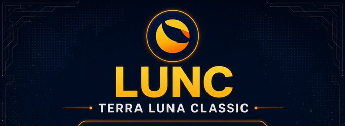 A promotional graphic for the cryptocurrency "LUNC" with the subtitle "TERRA LUNA CLASSIC" displayed beneath an orange crescent moon emblem on a dark blue background.