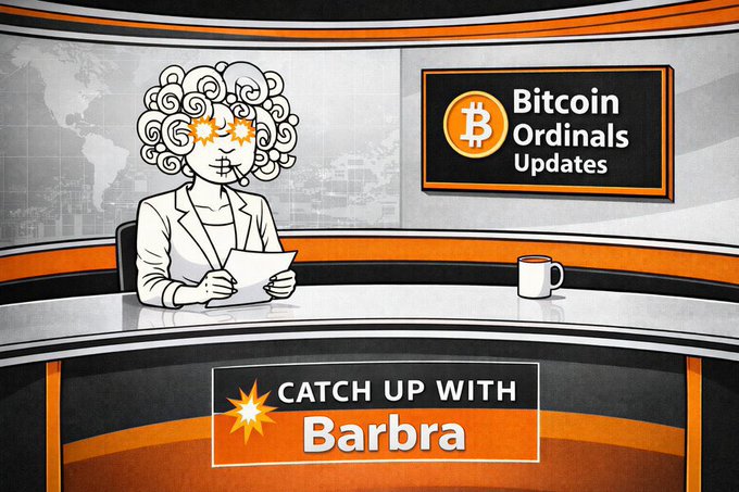 An illustrated news anchor with curly hair and star-shaped glasses sits at a desk with a 'Bitcoin Ordinals Updates' graphic and a 'CATCH UP WITH Barbra' banner.