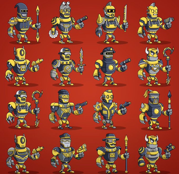 A grid of 16 cartoon robot characters arranged in four rows against a red background, each featuring yellow and gray mechanical designs with various weapons and accessories.