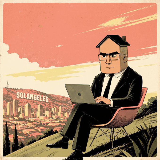 A man in a black suit works on a laptop while sitting on a hillside overlooking a city skyline with a "SOLANGELES" sign (a play on "Los Angeles"), reflecting the post's theme of "Solana Summer 2026" by merging the Solana crypto brand with an LA-inspired aesthetic.
