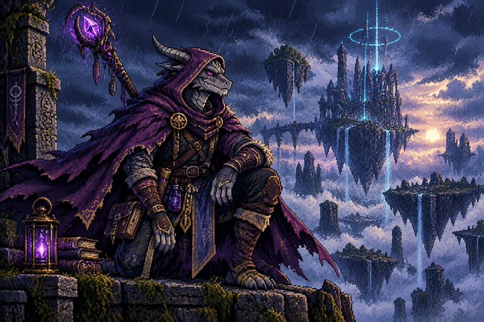 A fantasy digital illustration depicting a horned figure in a purple hooded cloak holding a glowing staff, sitting on a stone ruin with floating islands and a castle in the background.