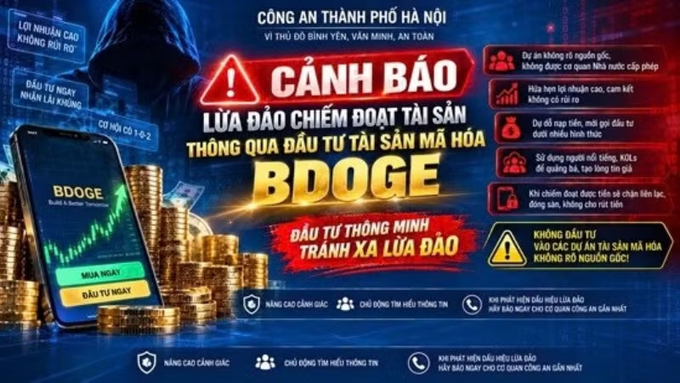 A Vietnamese public service announcement from Hanoi Police ('CÔNG AN THÀNH PHỐ HÀ NỘI') warning against crypto asset fraud, specifically calling out the 'BDOGE' token scam with imagery of a hooded figure, gold coins, and a smartphone displaying a fake trading app.