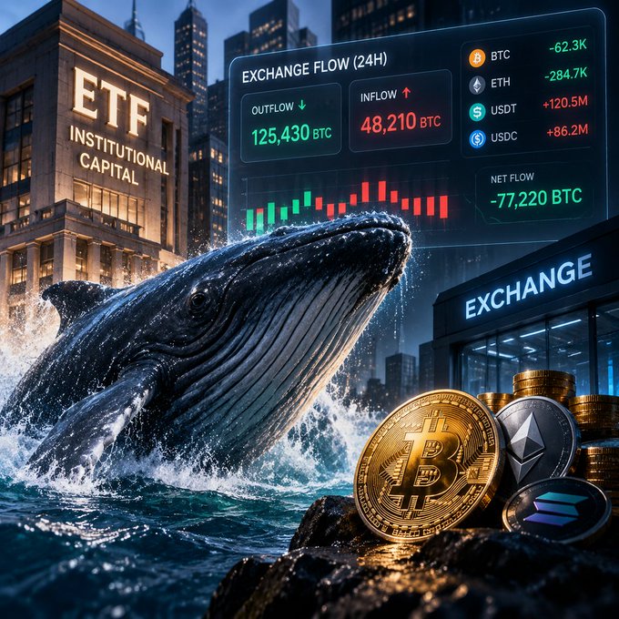 Crypto-themed digital artwork showing a whale breaching near an exchange building, with a chart displaying 'EXCHANGE FLOW (24H)' showing OUTFLOW 125,430 BTC and INFLOW 48,210 BTC, totaling NET FLOW -77,220 BTC, alongside coins for BTC, ETH, USDT, and USDC.