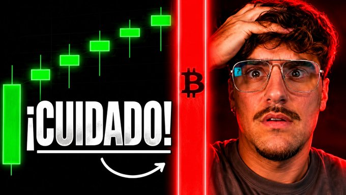 A YouTube thumbnail features green candlestick charts, the word '¡CUIDADO!' in bold letters, a Bitcoin symbol, and a shocked man with glasses and red lighting.