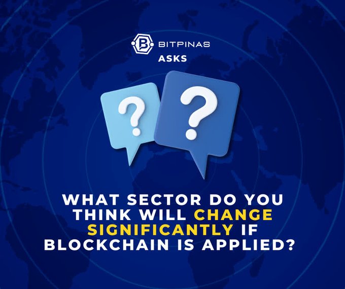 The image is a graphic from BitPinas featuring the "BITPINAS ASKS" logo at the top with two blue speech bubble icons containing question marks against a dark blue world map background. Below, it poses the question "WHAT SECTOR DO YOU THINK WILL CHANGE SIGNIFICANTLY IF BLOCKCHAIN IS APPLIED?" in bold white and yellow text, visually reinforcing the post's inquiry about which industries could be transformed by blockchain technology.