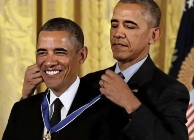 The image shows a photoshopped scene of Barack Obama smiling as he receives the Presidential Medal of Freedom, which is being pinned onto his chest by a duplicate image of himself standing behind him.
