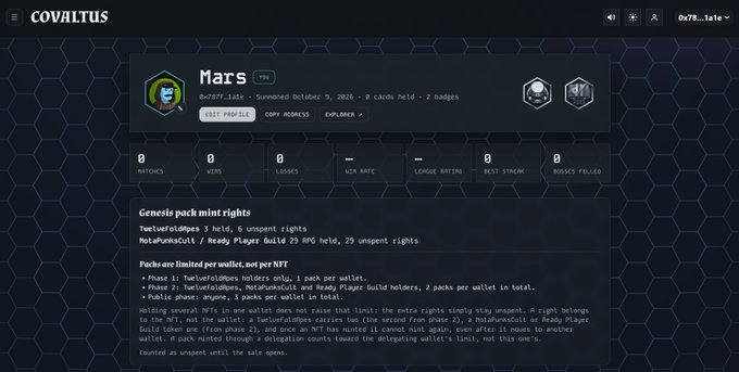 A CovalTUS user profile page for "Mars" (@c707_1ate), showing zero matches, wins, losses, and other statistics with info about Genesis pack mint rights and wallet policies.