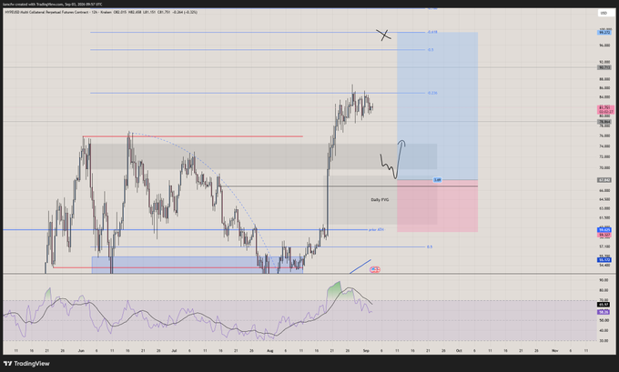 A TradingView chart of HYPE/USD on Hyperliquid showing price action, RSI indicator, and Fibonacci levels with a marked 'Daily FVG' zone.