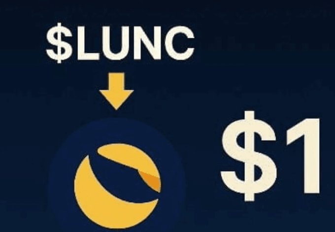 The image shows the text "$LUNC" with an arrow pointing down to a yellow logo, displayed next to "$1," representing the cryptocurrency Terra Luna Classic and the $1 price target mentioned in the post.