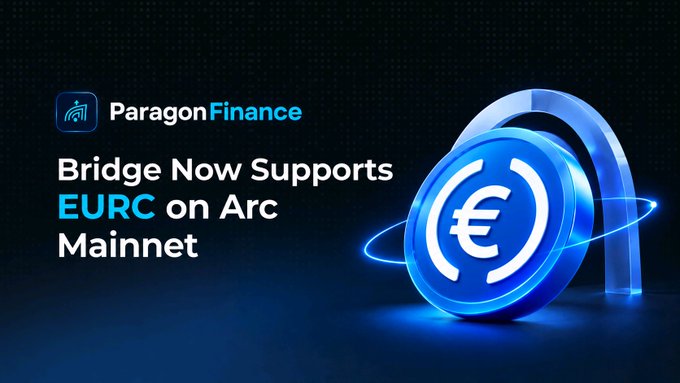 A promotional graphic for Paragon Finance announcing 'Bridge Now Supports EURC on Arc Mainnet' with a blue 3D euro coin illustration.