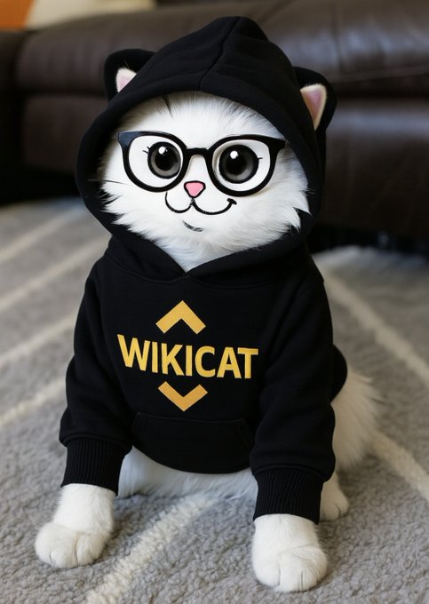 This custom-designed hoodie features the "WIKICAT" logo, relating to the post's "$WKC or nothing" sentiment by personifying the ticker symbol with a cute, meme-ready cat.
