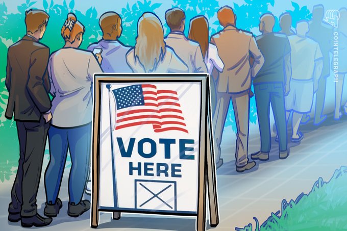 An illustrated cartoon showing the backs of a line of people standing in front of an American flag "VOTE HERE" sign with a ballot box, credited to "COINTELEGRAPH."