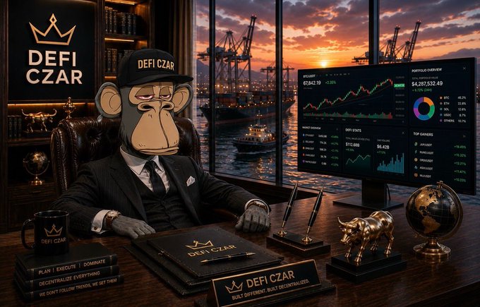 A stern-looking monkey in a pinstripe suit and "DEFI CZAR" cap sits confidently at a desk with financial monitors showing market data including figures like "$4,317,532.49" and "67,862.10," surrounded by a brass bull, globe, and crown-branded "DEFI CZAR" accessories. The image embodies the post's message of perseverance, depicting a disciplined trader who shows up at dawn regardless of mood, embodying the relentless grind of "Good morning Web3."