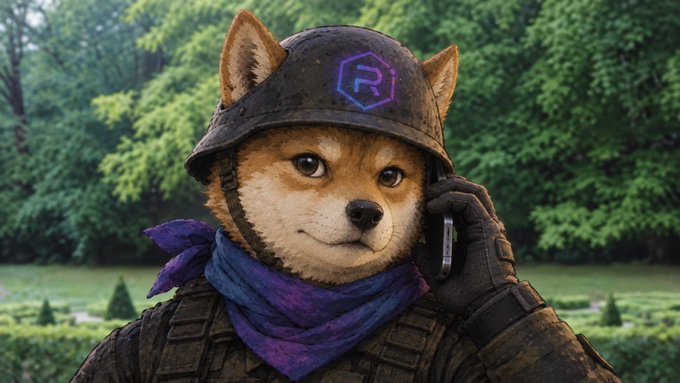 An anthropomorphic Shiba Inu dog wears a military helmet with an 'R' logo and a blue bandana, holding a phone to its ear.