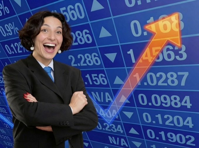 The image features a woman dressed as a businessman with her arms crossed, wearing a suit and a tie. She has a big smile on her face and appears excited about something. The setting includes a blue background with price charts and numbers. On one of these charts, there is an upward-pointing arrow pointing to the number 1.038. This could be interpreted as either a good trade or some sort of success in trading futures.