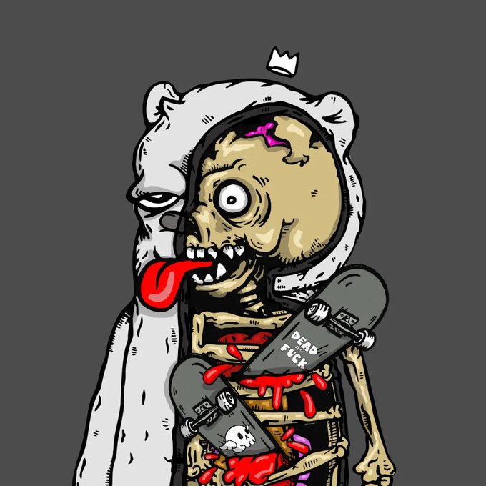 A cartoon illustration of a skeletal zombie in a white bear costume holding a skateboard with 'DEAD FUCK' written on it, featuring exposed entrails and a small crown on its head.