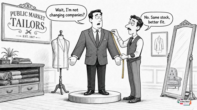 A black-and-white cartoon from 'UNCHAINED' showing a tailor at 'PUBLIC MARKET TAILORS EST. 1817' measuring a confused customer, with speech bubbles reading 'Wait, I'm not changing companies?' and 'No. Same stock, better fit.'