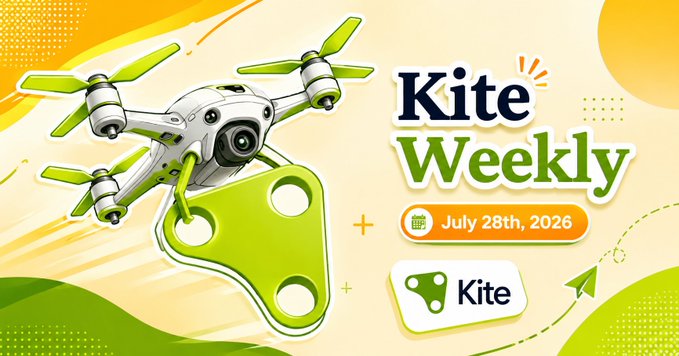 A colorful promotional banner for 'Kite Weekly' dated July 28th, 2026, featuring a white drone carrying a green Kite logo.