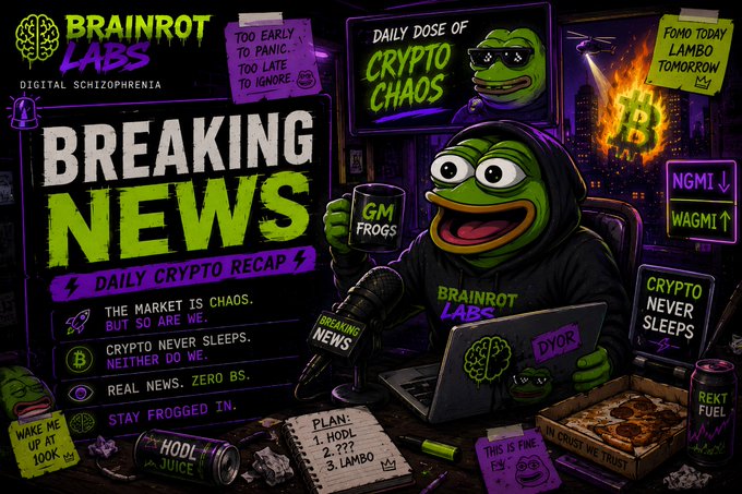 A chaotic neon-styled digital illustration titled 'BREAKING NEWS' from 'BRAINROT LABS,' featuring frog and Pepe characters hosting a 'DAILY CRYPTO RECAP' with jokes about 'NGMI,' 'WAGMI,' 'HODL JUICE,' and 'REKT FUEL.'