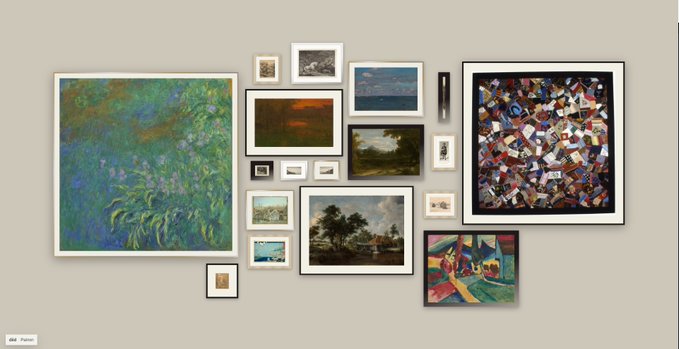 An interactive digital puzzle interface displaying a wall gallery of framed artwork, including a large impressionist painting on the left and a colorful cubist piece on the right.