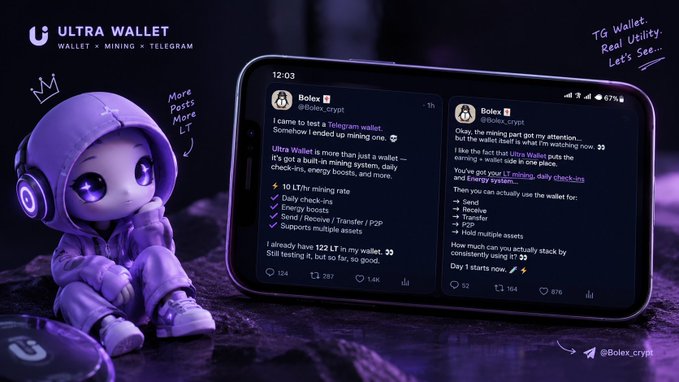 Promotional image for 'ULTRA WALLET' by Bolex (@Bolex_crypt) showing a purple 3D character beside a phone displaying Telegram posts about the crypto wallet.