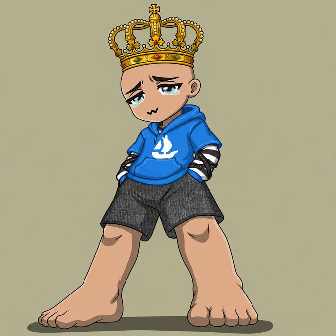 A cartoon-style bald character wearing an oversized golden crown with jewels, a blue hoodie featuring a white sailboat logo, striped sleeves, denim shorts, and large bare feet stands with hands in pockets against a plain gray-green background. The image likely represents "Kynari" as a chibi mascot character to promote the NFT minting announcement for the first collection on ARC.