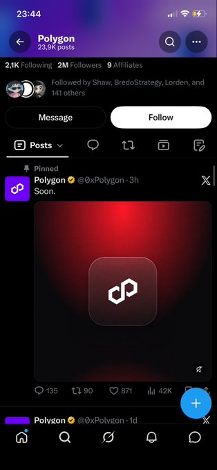 A screenshot of the Polygon social media profile (@0xPolygon) showing 2.1K Following, 2M Followers, and a pinned post with the text 'Soon.'