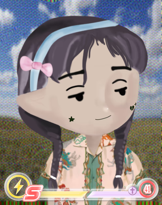A 3D animated character with dark pigtails, a blue headband, and star-shaped face marks wears a patterned shirt, appearing in what looks like a mobile game interface.