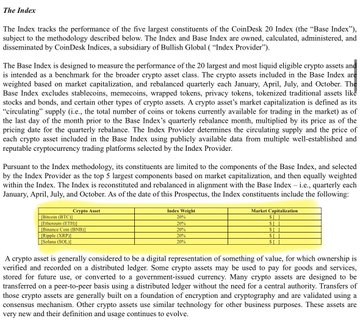 The image shows a document with a yellow highlight that says "The Index" at the top, indicating its purpose or topic. The text within the document provides information about the five largest components of the CoinDesk 20 Index, which tracks the performance of the cryptocurrency market. It also mentions that the index is designed to provide an accurate representation of the most liquid assets in the market and includes a list of cryptocurrencies with their respective weights.