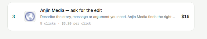 Order entry showing 'Anjin Media – ask for the edit' service priced at $16 with 5 clicks at $3.20 per click.