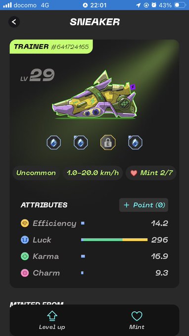 The image shows a stepnogo device with a green shoe displayed, along with various attributes such as attributes for efficiency, luck charm, and mint. The context of the image suggests that someone has been using this stepnogo to achieve their goals or improve their skills in areas like sneaker designs or creating characters from sneakers. The post seems to be discussing the benefits of using the stepnogo device, its impact on achieving objectives, and how it can enhance one's experience with sneaker-related activities.