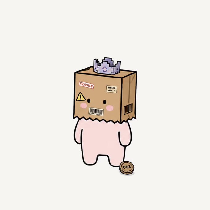 A cute cartoon character with a cardboard box over its head labeled 'FRAGILE' and 'WHERE AM I?', wearing a small purple castle crown and pink body, with a tag marked '052'.