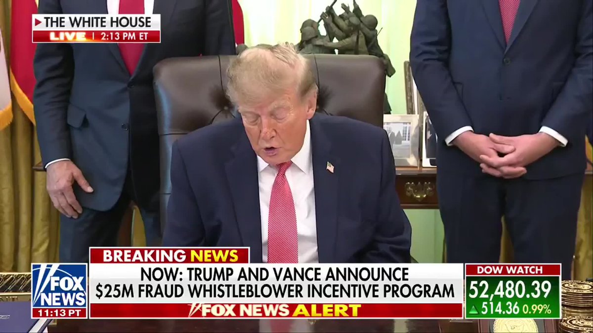 Fox News footage shows Donald Trump at a White House event with the on-screen breaking-news headline: “NOW: TRUMP AND VANCE ANNOUNCE $25M FRAUD WHISTLEBLOWER INCENTIVE PROGRAM.”