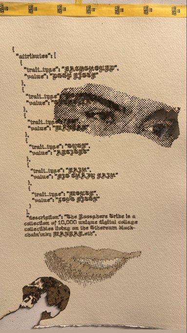 An artistic document displays NFT metadata attributes and a description about 'Joe Apewhere Urbs' alongside a halftone image of an ape.