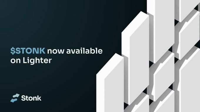 A promotional graphic with a dark teal background features the text "$TONK now available on Lighter" alongside the Stonk logo, complemented by a 3D geometric design of white cubes on the right side, visually announcing the token's listing on the Lighter exchange.
