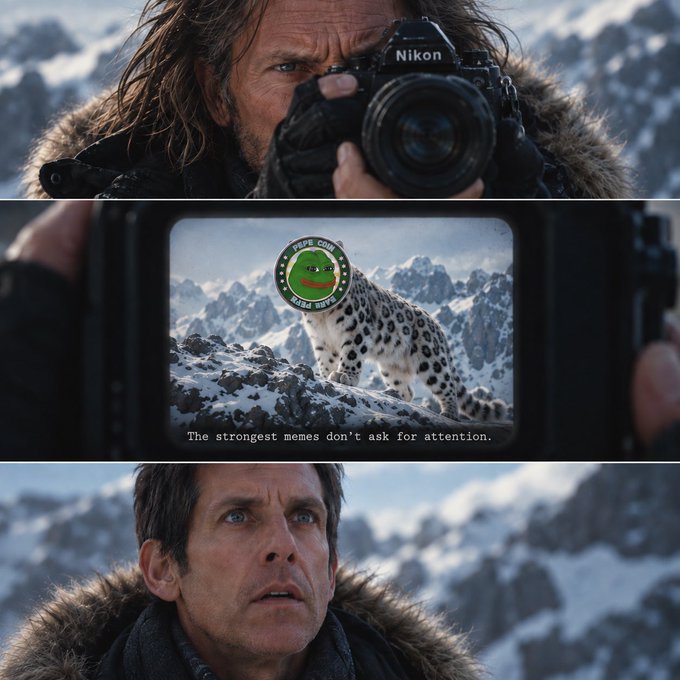 A three-panel meme featuring a man photographing a snow leopard in the mountains; the middle panel shows the camera screen with a Pepe the Frog logo and the caption "The strongest memes don't ask for attention."