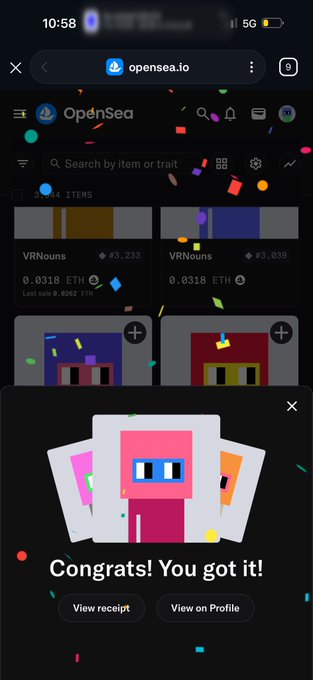 A screenshot of the OpenSea NFT marketplace on a mobile browser showing a successful purchase with the message "Congrats! You got it!" over a pixel-art NFT.