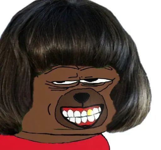 A cartoonish illustration of a dark-skinned character with a black bob haircut and a wide, toothy grin, wearing a red shirt.