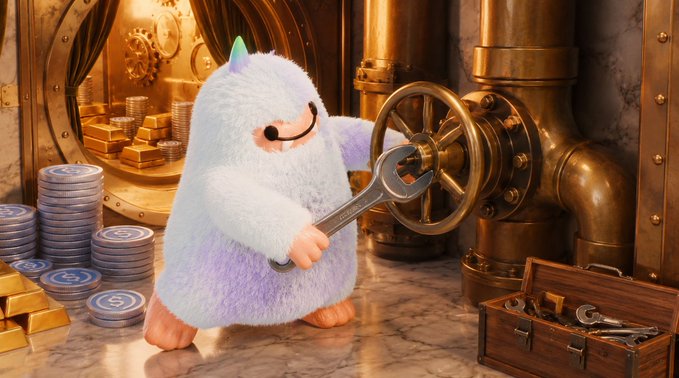 A fluffy white and purple unicorn-mascot character holding a wrench in a golden steampunk-style vault room with stacks of gold coins and bars, and a toolbox on the floor.