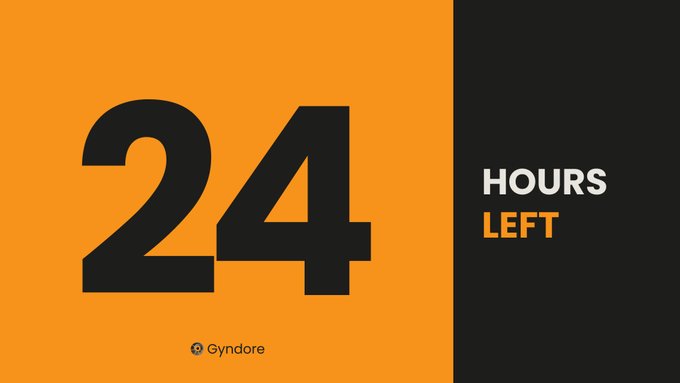 A graphic with an orange and black background displaying '24 HOURS LEFT' in large text, with a small 'Gyndore' logo at the bottom.